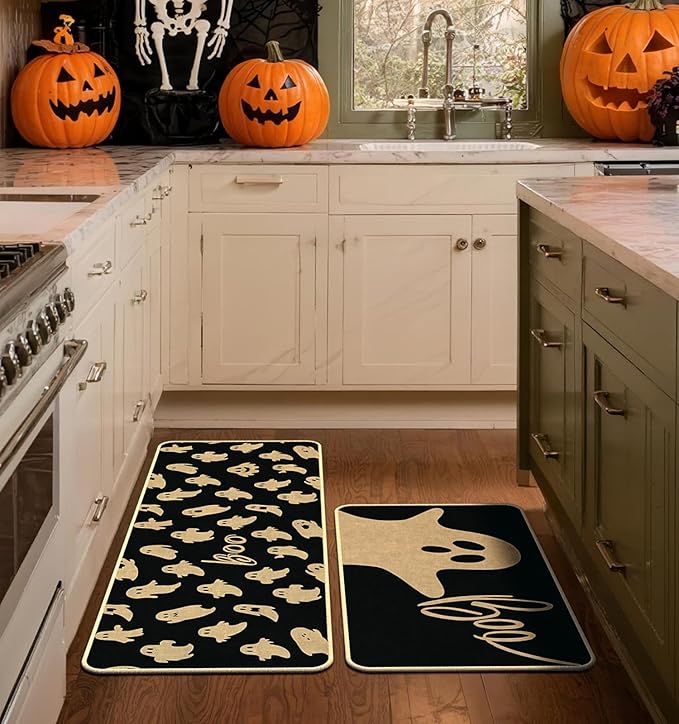 Halloween Kitchen Mat Set of 2 | Ghost & Boo Design, Non-Slip, 17x29" & 17x47"