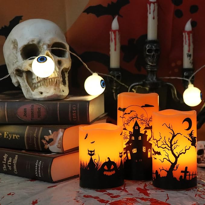 Halloween Flameless Candles Set of 3 | Flickering LED Real Wax with 6-Hour Timer, Cat & Witch Decals