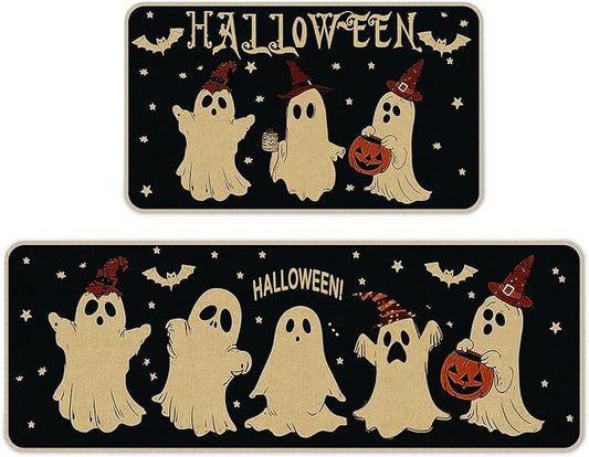 Halloween Kitchen Mat Set of 2 | Pumpkin, Ghost & Bat Design, Non-Slip, 17x29" & 17x47"