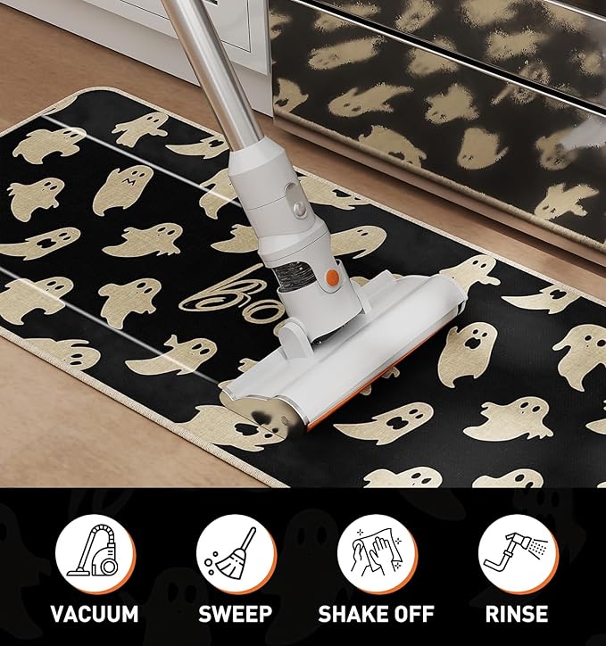 Halloween Kitchen Mat Set of 2 | Ghost & Boo Design, Non-Slip, 17x29" & 17x47"