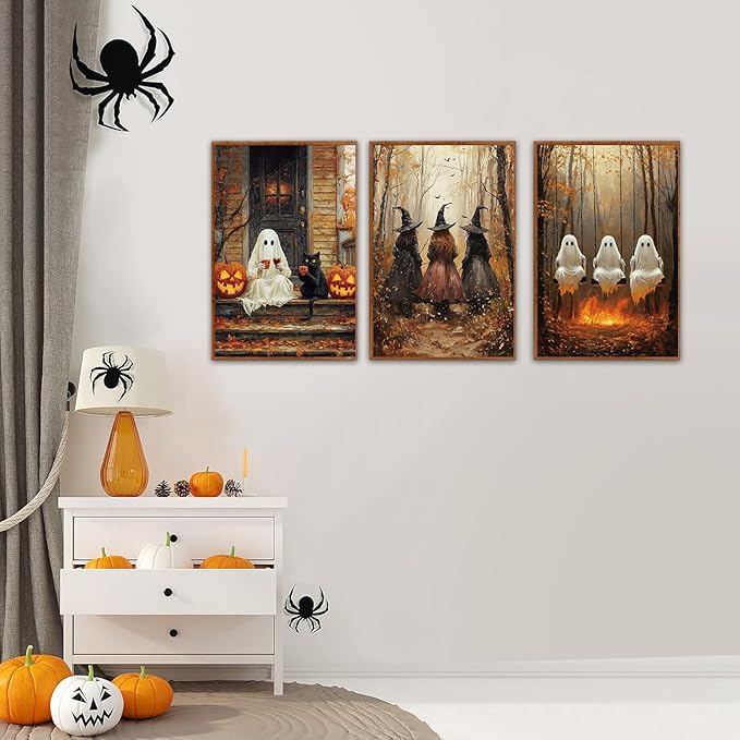Halloween Witch & Ghost Framed Canvas Wall Art | Set of 3 (16"x24")