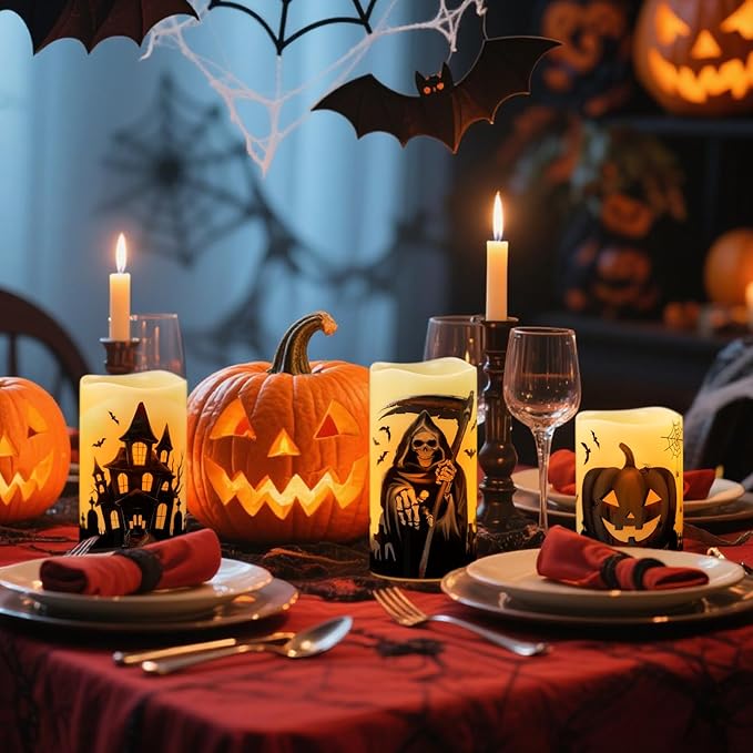 Halloween Flameless Pillar Candles with Timer | Set of 3 (Grim Reaper, Haunted House, Pumpkin)