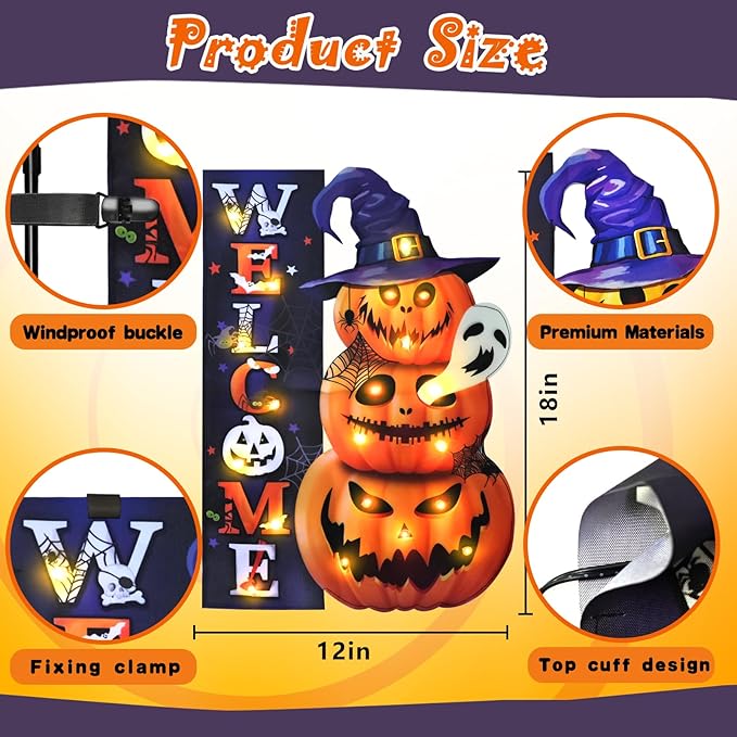 Halloween Lighted Garden Flag, Solar Yard Flag for Outside, 8 Modes Double Sided Welcome Halloween Pumpkin Outdoor Decorations for Home Porch (Pumpkin-12x18)