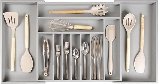 Premium Silverware, Flatware and Utensil Organizer for Kitchen Drawers, Food-Safe Contract Grade, Expandable from 18 to 33 In, Gray Bamboo