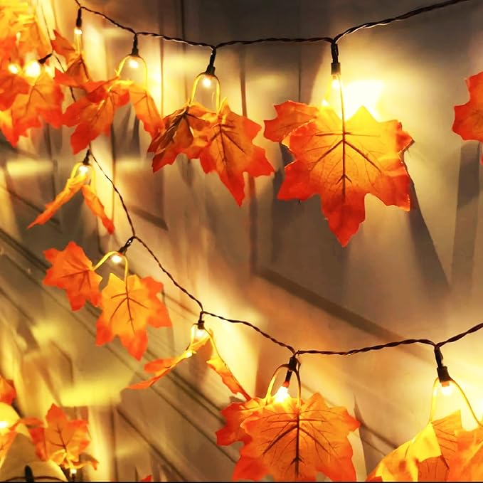 Fall Maple Leaf Garland with LED Lights, Set of 2 | 13 FT Battery-Operated with Timer, Indoor & Outdoor