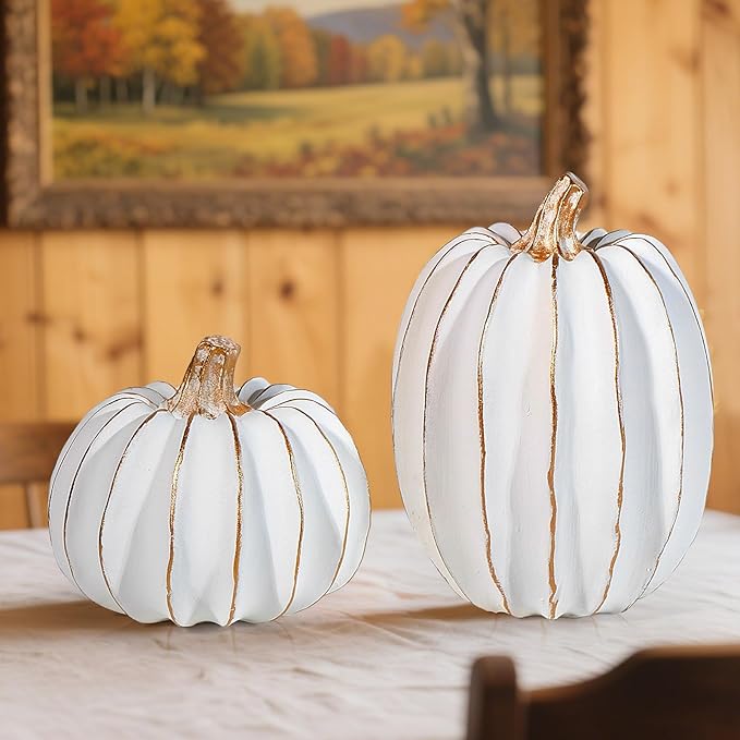 Resin Pumpkin Decor Set of 2 | Gold & White Fall Tabletop Decorations