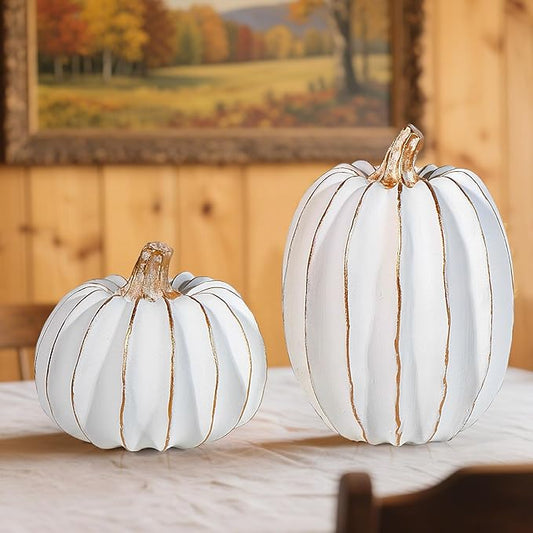 Resin Pumpkin Decor Set of 2 | Gold & White Fall Tabletop Decorations