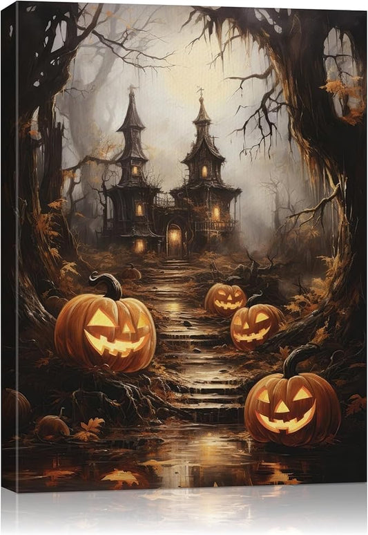 Halloween Canvas Wall Art - Spooky Haunted House & Eerie Pumpkins Poster, Gothic Fall Decorations for Home, Vintage Halloween Decor