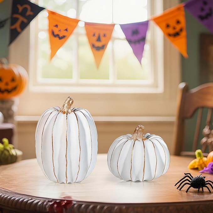 Resin Pumpkin Decor Set of 2 | Gold & White Fall Tabletop Decorations
