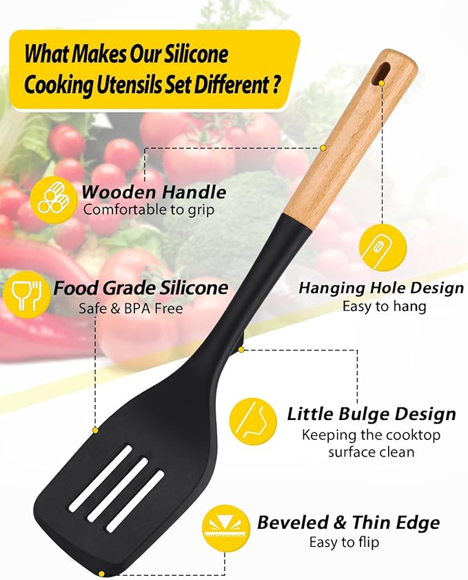 Silicone Kitchen Utensils Set of 4 | BPA-Free, Heat-Resistant with Wooden Handles, Black