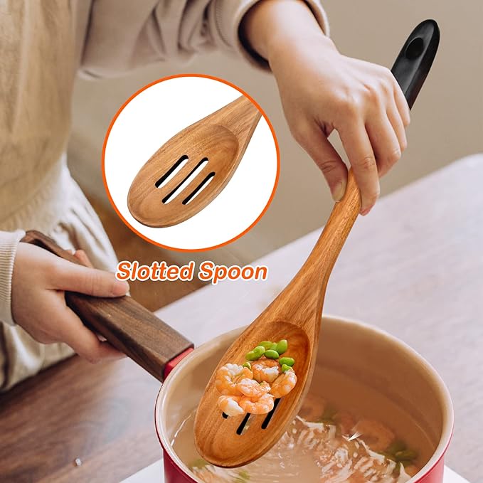 14 Inch Large Wooden Spoons for Cooking Utensils Set Acacia Wood Spatula Slotted Spoon Best Non Toxic Kitchen Utensil Long Mixing Spoon Spatulas Turner Stirring Serving Spoons Kitchen Use Tools