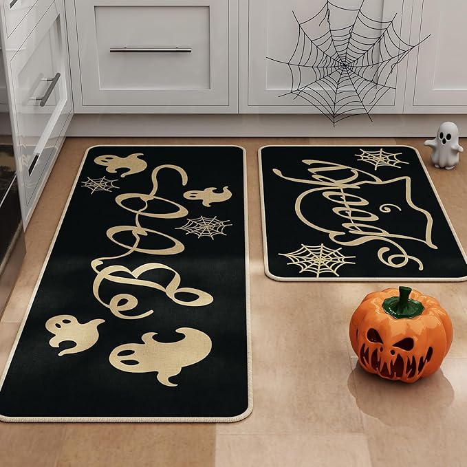 Halloween Kitchen Mat Set of 2 | Spider Web & Ghost Design, Non-Slip, 17x29" & 17x47"