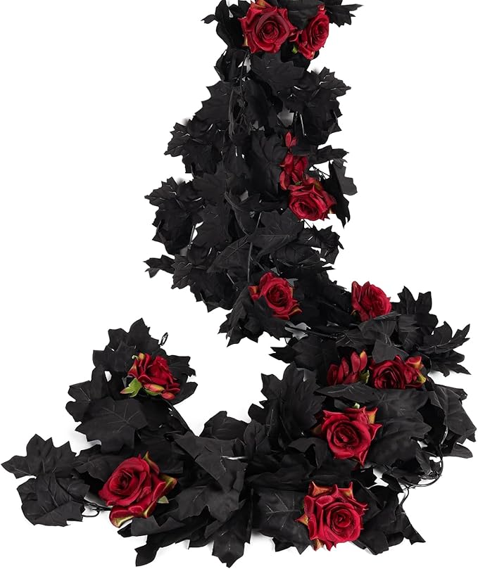 Black Maple Leaf & Red Rose Garland, Set of 2 | 5.7 FT Hanging Vine for Halloween & Wedding Decor