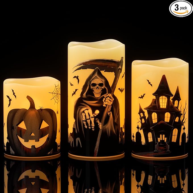 Halloween Flameless Pillar Candles with Timer | Set of 3 (Grim Reaper, Haunted House, Pumpkin)