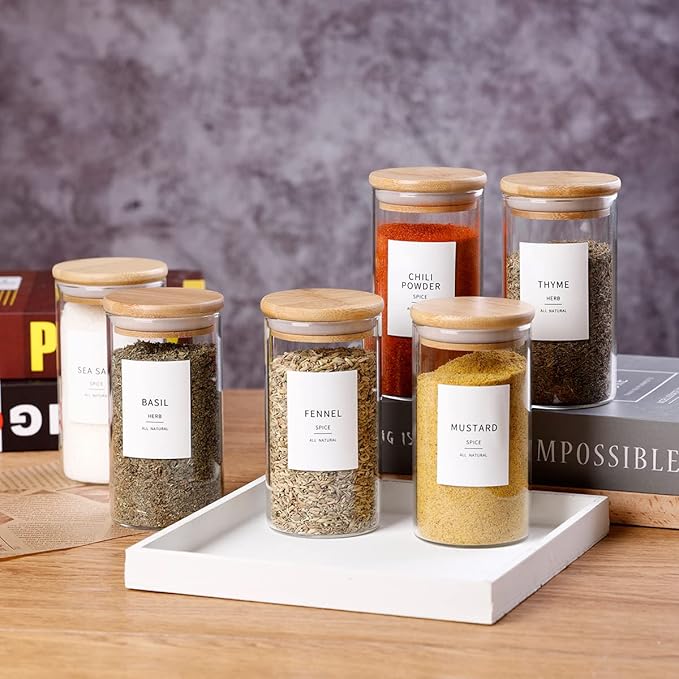 Bamboo Lid Glass Spice Jars | Set of 12 with 148 Waterproof Labels — 10oz Airtight Spice Containers