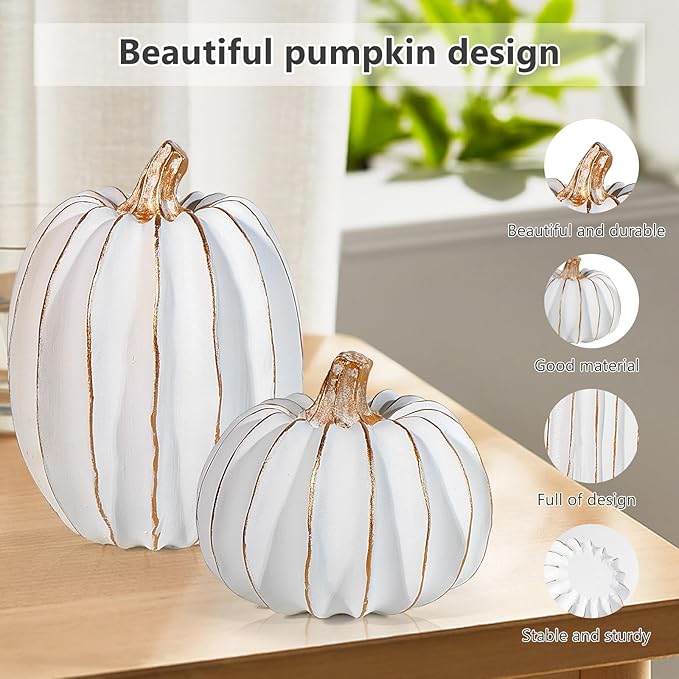 Resin Pumpkin Decor Set of 2 | Gold & White Fall Tabletop Decorations
