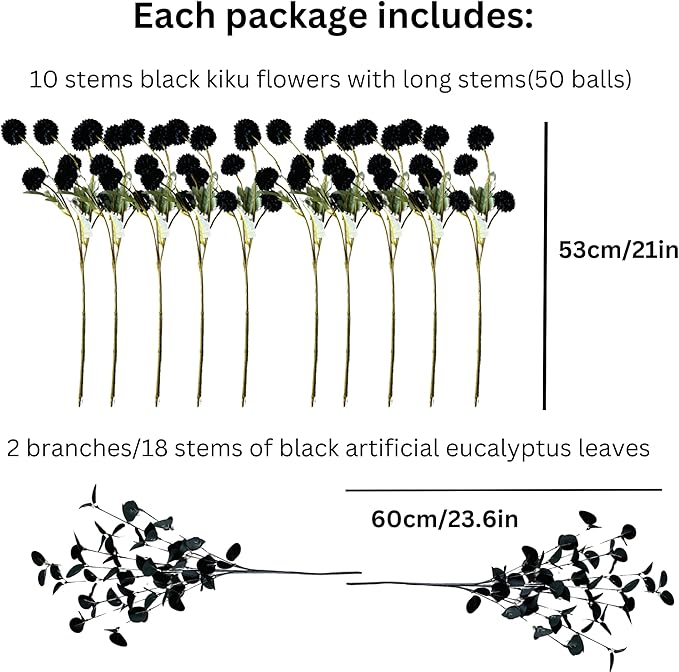 Black Artificial Mum & Eucalyptus Stems, 10 Stems | Gothic Halloween Floral Centerpiece, Faux Silk
