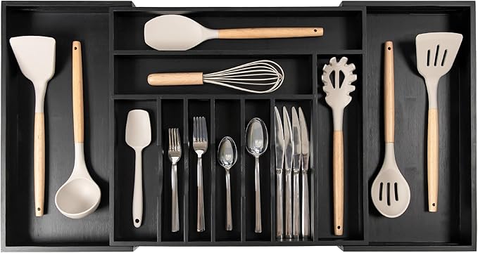 Expandable Bamboo Drawer Organizer | 11-Compartment Flatware & Utensil Tray — 18" to 33" Wide