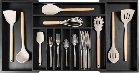 Expandable Bamboo Drawer Organizer | 11-Compartment Flatware & Utensil Tray — 18" to 33" Wide