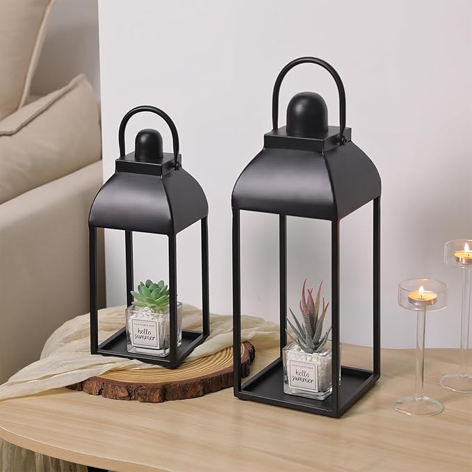 Black Metal Farmhouse Candle Lanterns, Set of 2 | Indoor & Outdoor, 13" & 17"