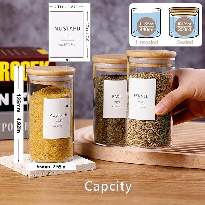 Bamboo Lid Glass Spice Jars | Set of 12 with 148 Waterproof Labels — 10oz Airtight Spice Containers