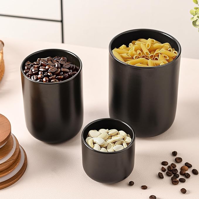 Black Ceramic Canister Set with Bamboo Lids, 3-Piece Airtight Food Storage Jars for Kitchen - Flour, Sugar, Coffee, Tea, Spice - Small, Medium, Large Sizes