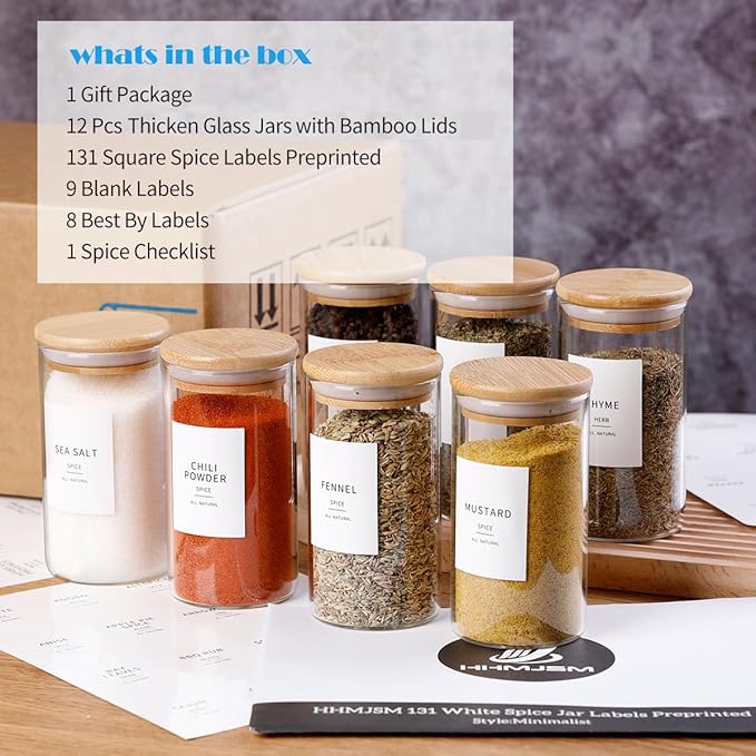 Bamboo Lid Glass Spice Jars | Set of 12 with 148 Waterproof Labels — 10oz Airtight Spice Containers
