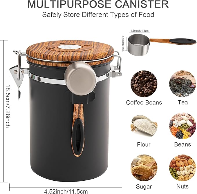 Airtight Coffee Canister | Stainless Steel Bean & Ground Storage with Scoop, 61 oz
