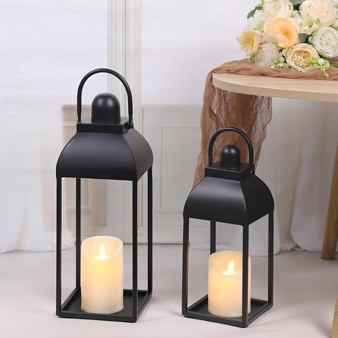 Black Metal Farmhouse Candle Lanterns, Set of 2 | Indoor & Outdoor, 13" & 17"