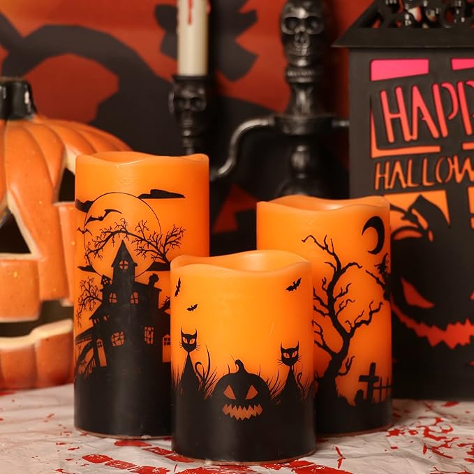 Halloween Flameless Candles Set of 3 | Flickering LED Real Wax with 6-Hour Timer, Cat & Witch Decals