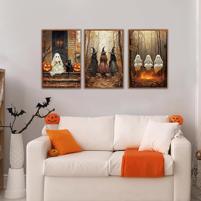 Halloween Witch & Ghost Framed Canvas Wall Art | Set of 3 (16"x24")