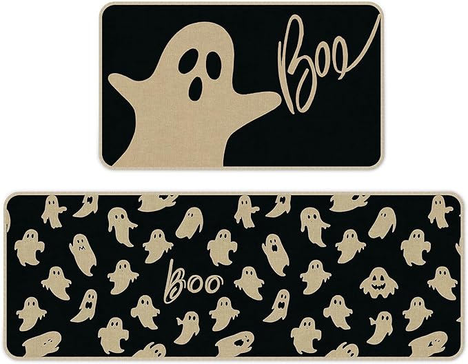 Halloween Kitchen Mat Set of 2 | Ghost & Boo Design, Non-Slip, 17x29" & 17x47"