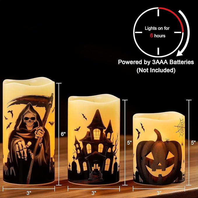 Halloween Flameless Pillar Candles with Timer | Set of 3 (Grim Reaper, Haunted House, Pumpkin)