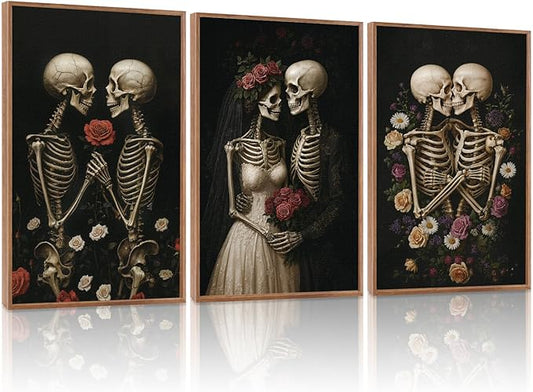 Skull & Rose Framed Wall Art Set of 3 | Dark Romance Gothic Canvas Prints, 16x24"
