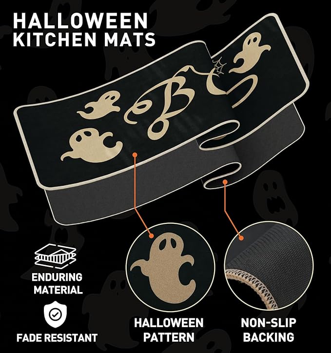 Halloween Kitchen Mat Set of 2 | Spider Web & Ghost Design, Non-Slip, 17x29" & 17x47"