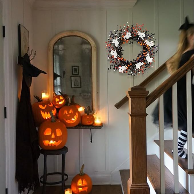 Halloween Berry Wreath with Ghost Accents, 20" | Handmade Orange & Black Front Door Decor