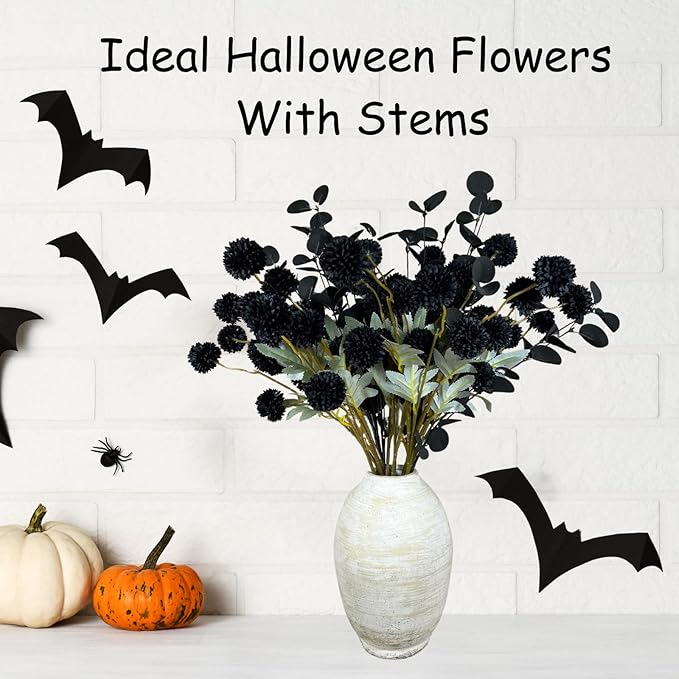 Black Artificial Mum & Eucalyptus Stems, 10 Stems | Gothic Halloween Floral Centerpiece, Faux Silk