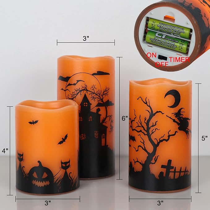 Halloween Flameless Candles Set of 3 | Flickering LED Real Wax with 6-Hour Timer, Cat & Witch Decals