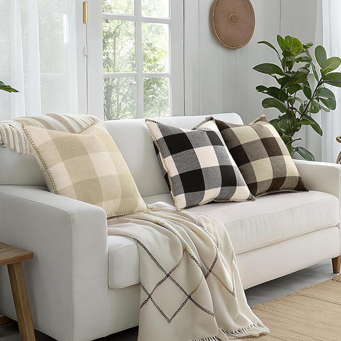 Buffalo Plaid Check Fall Throw Pillow Covers 18x18 Set of 2, Outdoor Decorative Farmhouse Pillow Covers with Stitched Edge for Bed Couch Sofa, Cream White and Beige