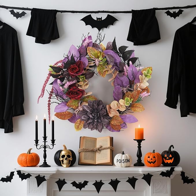 Halloween Rose & Spider Wreath, 18" | Red & Purple Front Door Decoration, Indoor Outdoor