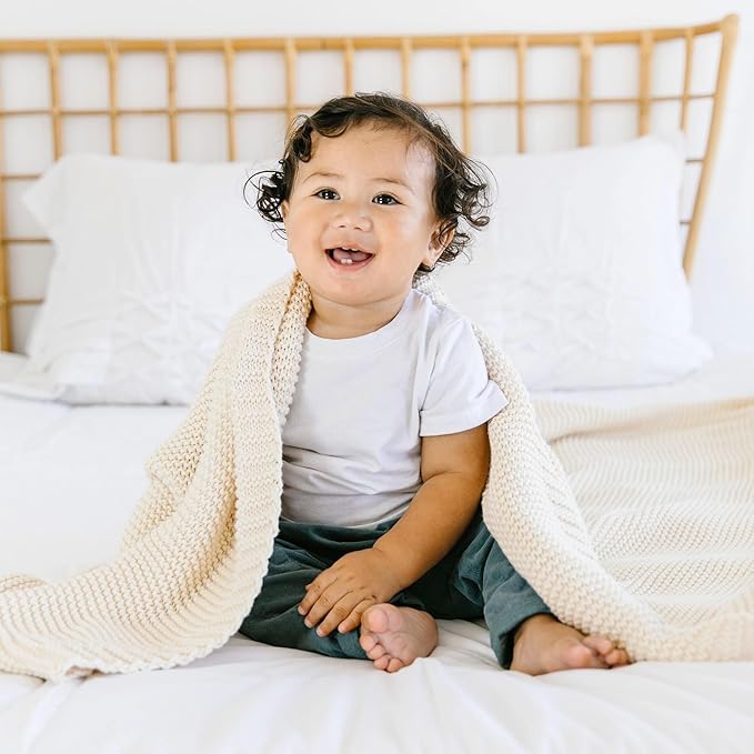 MakeMake Organics Organic Throw Blanket GOTS Certified Organic Cotton Blanket Chunky Knit Super Soft Cozy Fall Winter Large Adults Throw Blanket (50x60, Vanilla)