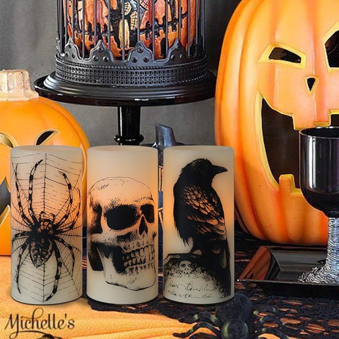 Halloween Flameless Candles Set of 3 | Flickering LED Real Wax with 6-Hour Timer, Skull & Spider Web Decals