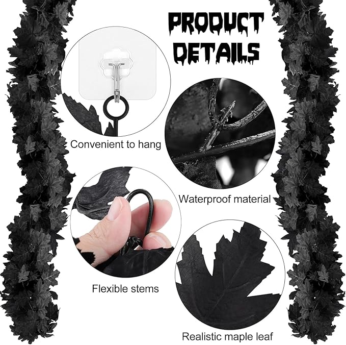 Black Maple Leaf Halloween Garland, Set of 2 | 5.7 FT Artificial Hanging Vine for Mantle & Fireplace