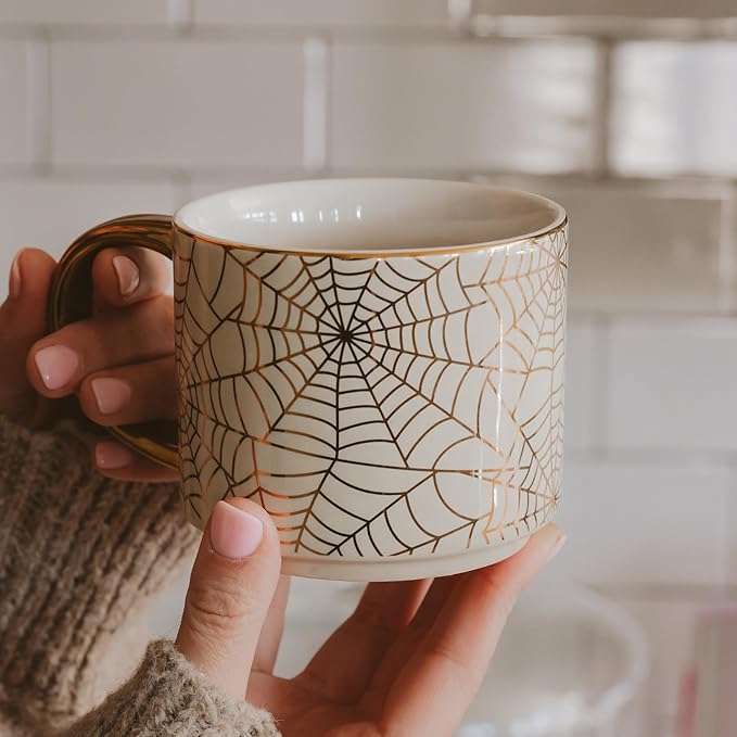 Sweet Water Decor Gold Spiderwebs Mug, 14oz Fine Bone China Coffee Cup with Gold Handle