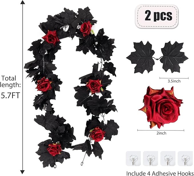 Black Maple Leaf & Red Rose Garland, Set of 2 | 5.7 FT Hanging Vine for Halloween & Wedding Decor