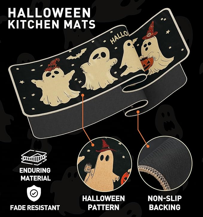 Halloween Kitchen Mat Set of 2 | Pumpkin, Ghost & Bat Design, Non-Slip, 17x29" & 17x47"