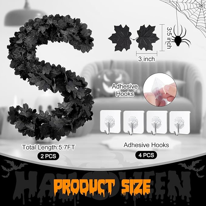Black Maple Leaf Halloween Garland, Set of 2 | 5.7 FT Artificial Hanging Vine for Mantle & Fireplace