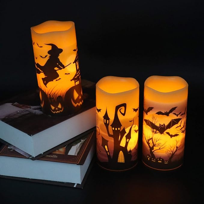 Orange Halloween Flameless Candles Set of 3 | Flickering LED Real Wax with 6-Hour Timer, 3x6"