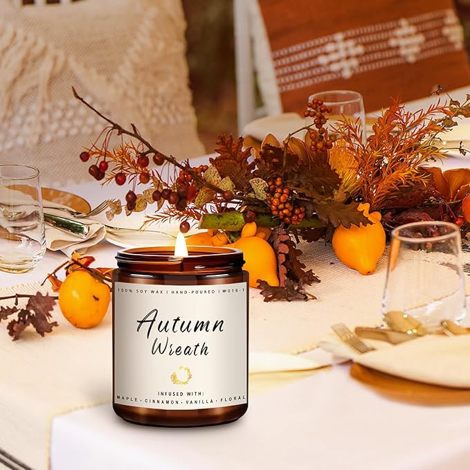 Auelife Fall Candle, Autumn Wreath Scented Soy Candles for Home, Aromatherapy Candle Gift Set for Women & Men, Cozy Fall Décor, 7oz – Perfect for Autumn Relaxation and Home Ambiance