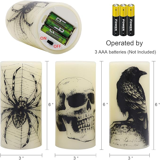 Halloween Flameless Candles Set of 3 | Flickering LED Real Wax with 6-Hour Timer, Skull & Spider Web Decals